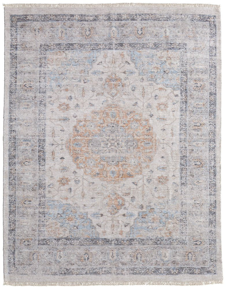 4' X 6' Ivory Blue and Orange Oriental Hand Woven Distressed Area Rug With Fringe