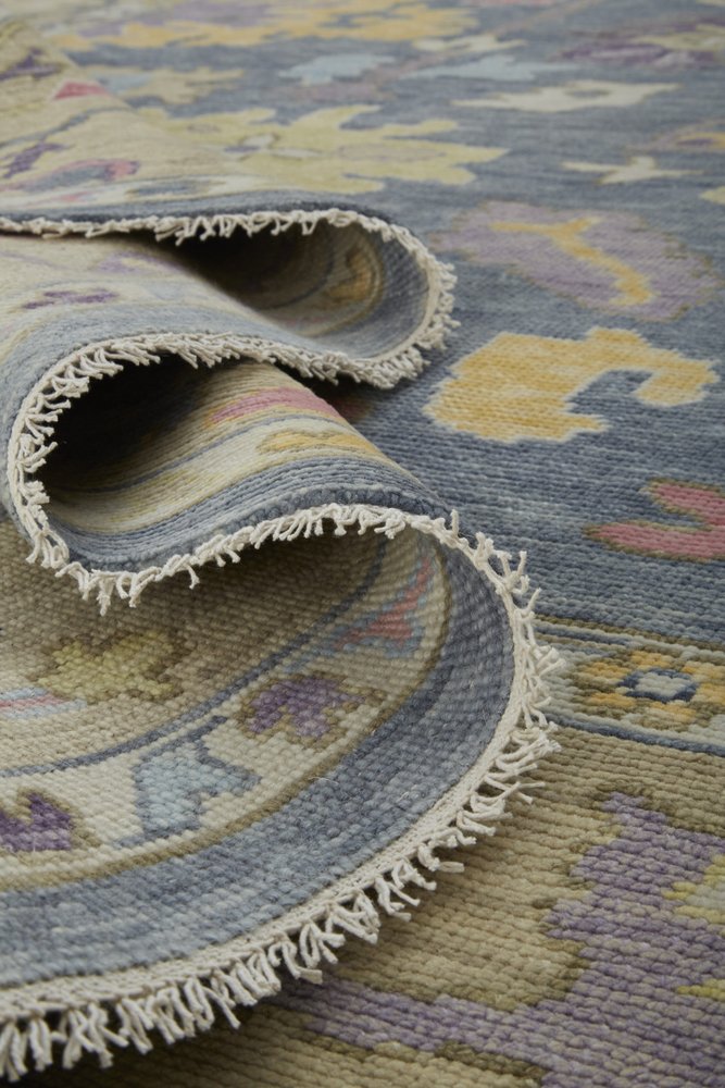 4' X 6' Gold Blue and Purple Wool Oriental Hand Knotted Area Rug With Fringe