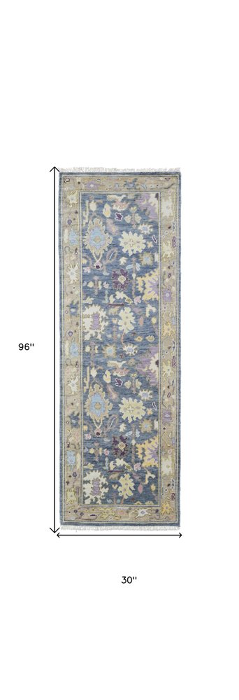 4' X 6' Gold Blue and Purple Wool Oriental Hand Knotted Area Rug With Fringe