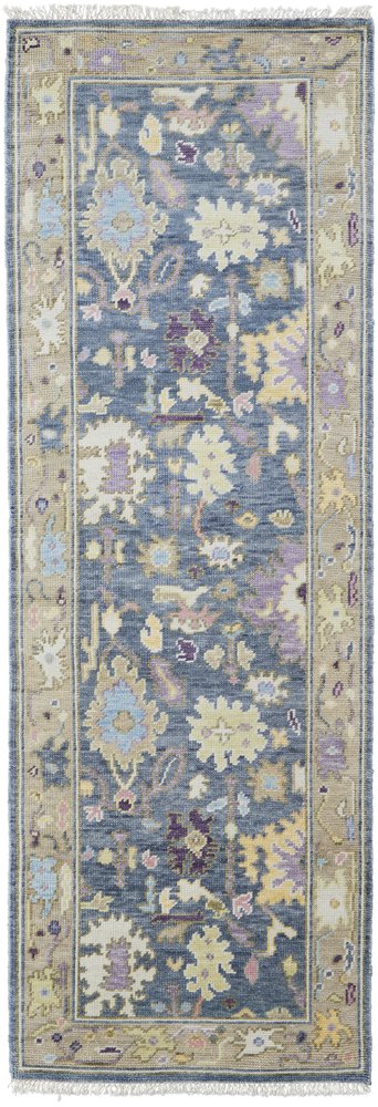 4' X 6' Gold Blue and Purple Wool Oriental Hand Knotted Area Rug With Fringe