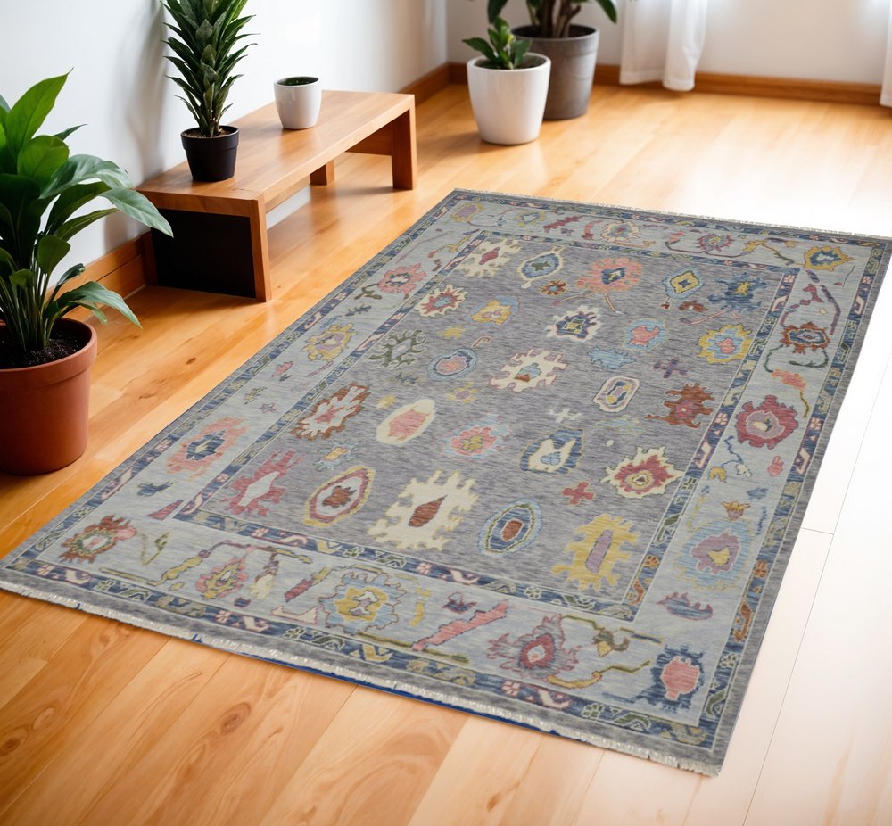 6' X 9' Gray Blue and Red Wool Oriental Hand Knotted Area Rug With Fringe