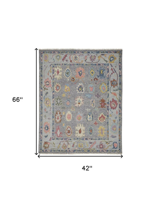 6' X 9' Gray Blue and Red Wool Oriental Hand Knotted Area Rug With Fringe