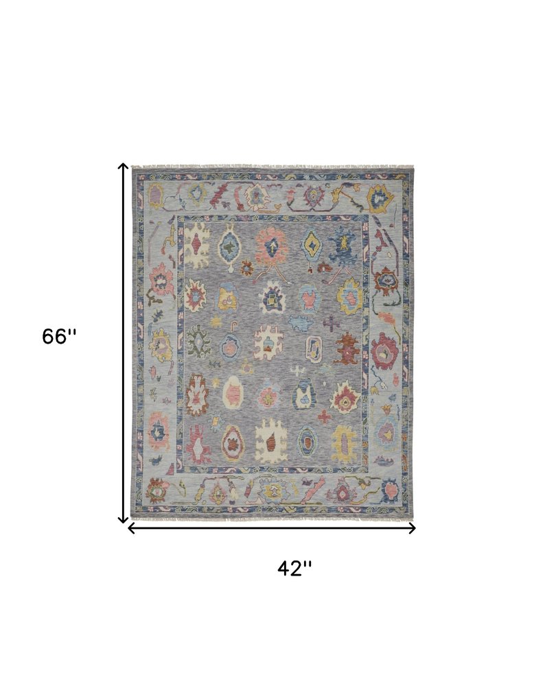 6' X 9' Gray Blue and Red Wool Oriental Hand Knotted Area Rug With Fringe