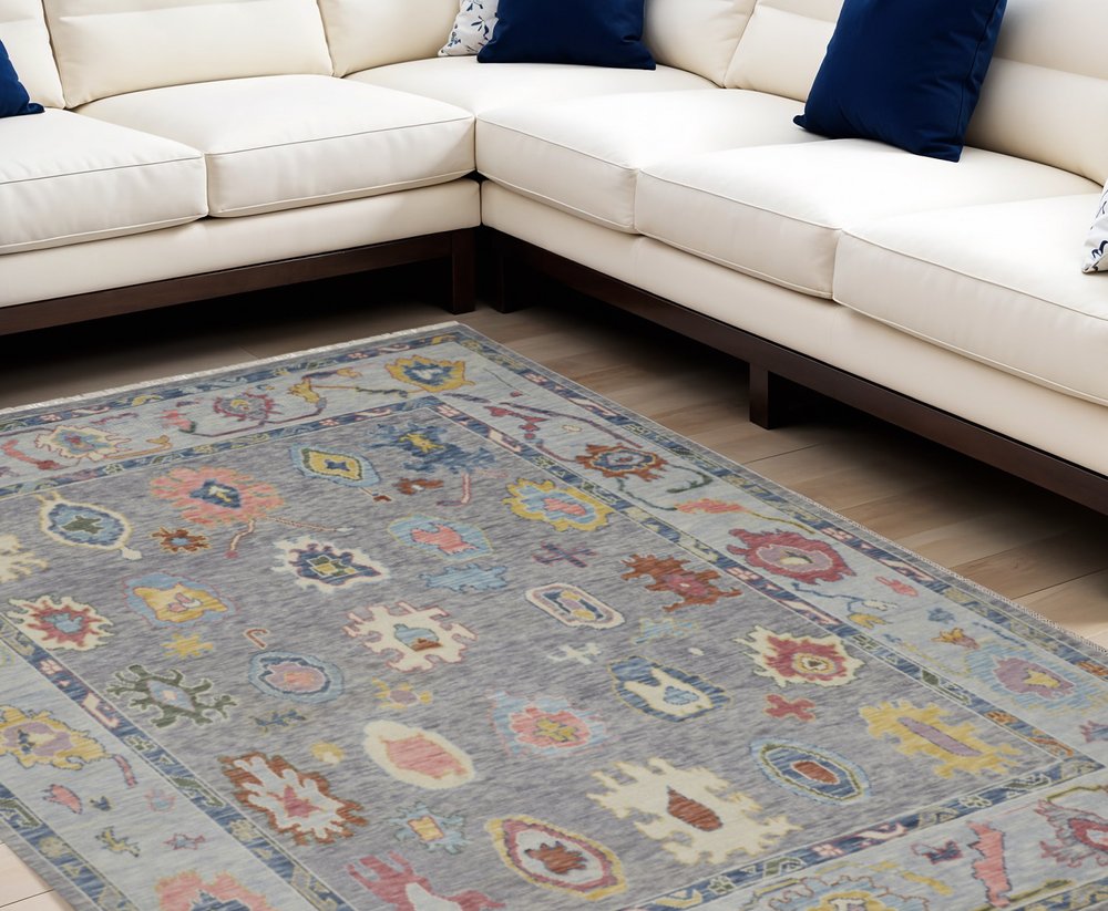 6' X 9' Gray Blue and Red Wool Oriental Hand Knotted Area Rug With Fringe