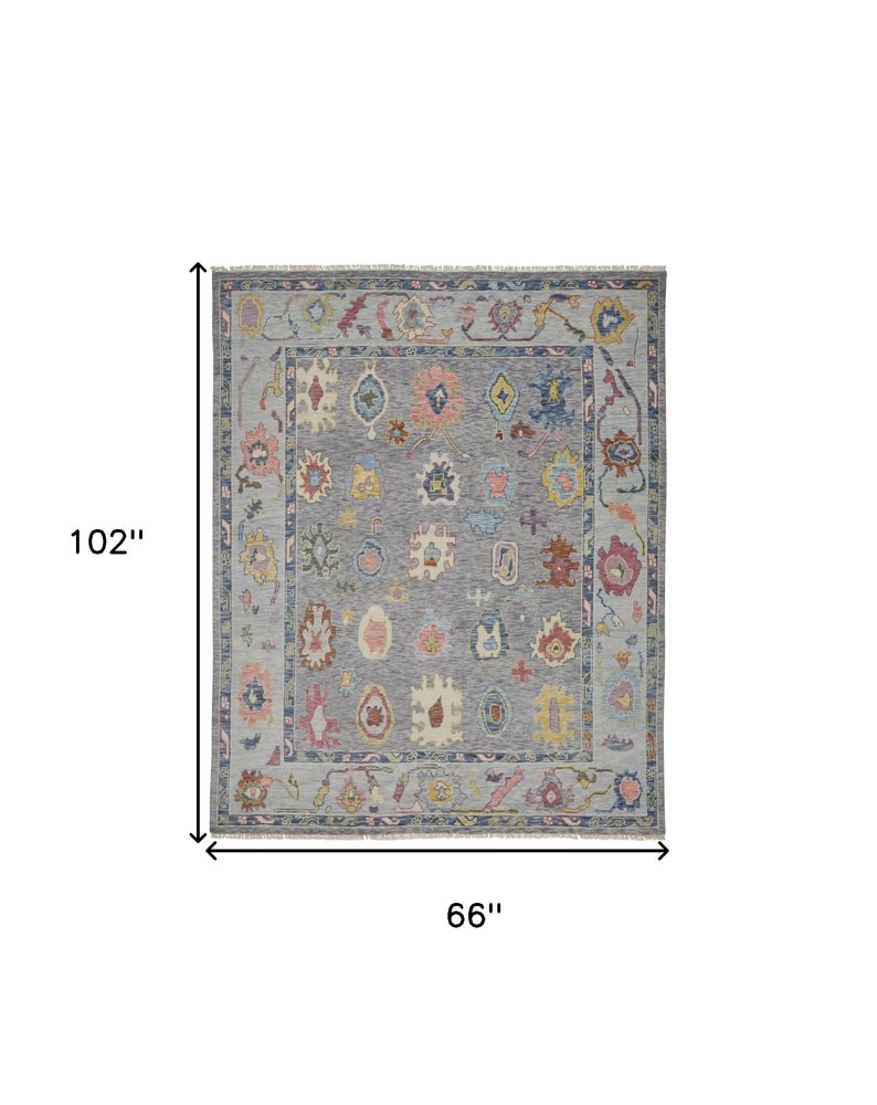 6' X 9' Gray Blue and Red Wool Oriental Hand Knotted Area Rug With Fringe