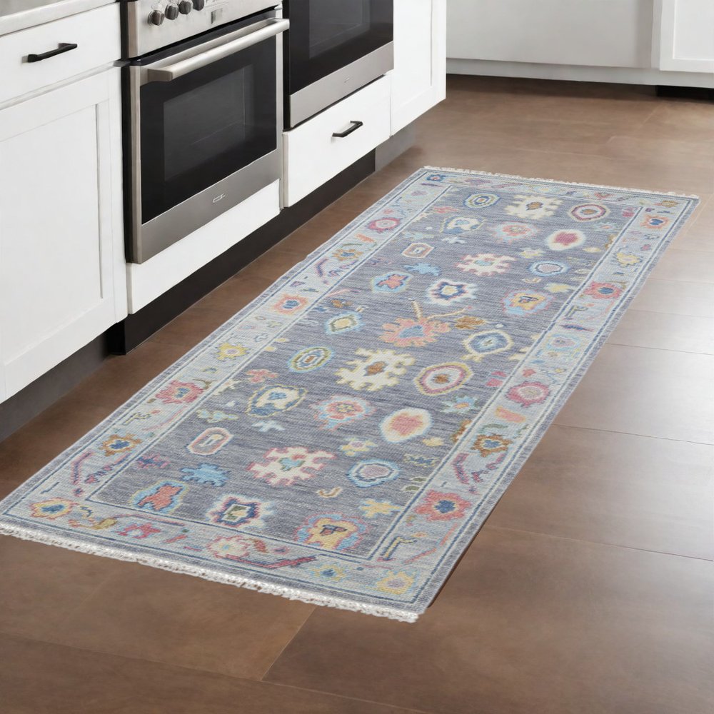 6' X 9' Gray Blue and Red Wool Oriental Hand Knotted Area Rug With Fringe