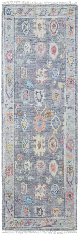 6' X 9' Gray Blue and Red Wool Oriental Hand Knotted Area Rug With Fringe
