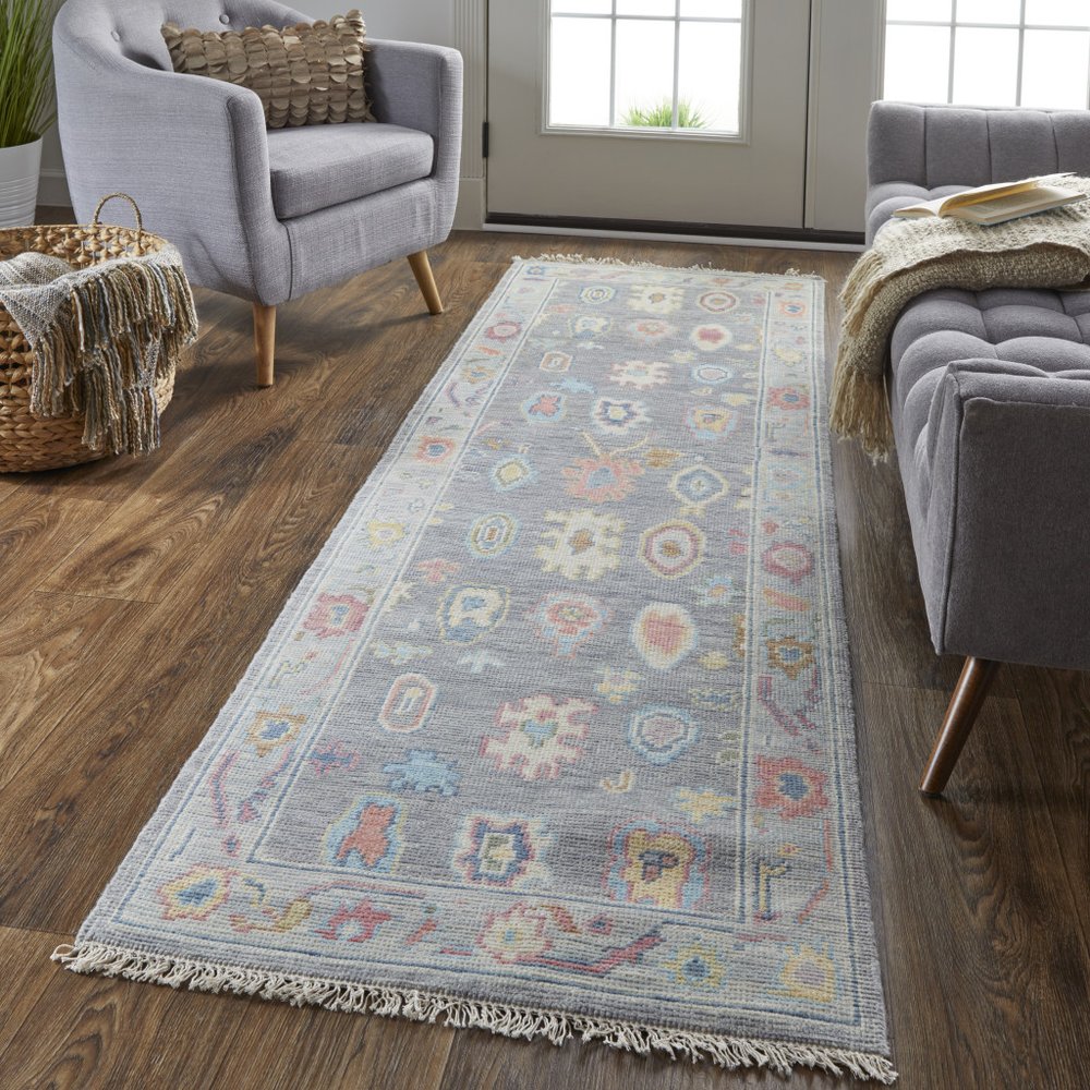 6' X 9' Gray Blue and Red Wool Oriental Hand Knotted Area Rug With Fringe