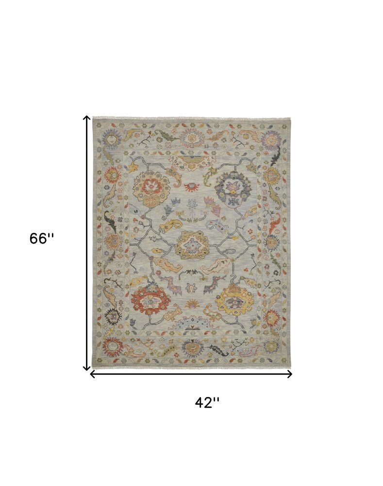 6' X 9' Gray Red and Yellow Wool Oriental Hand Knotted Area Rug With Fringe