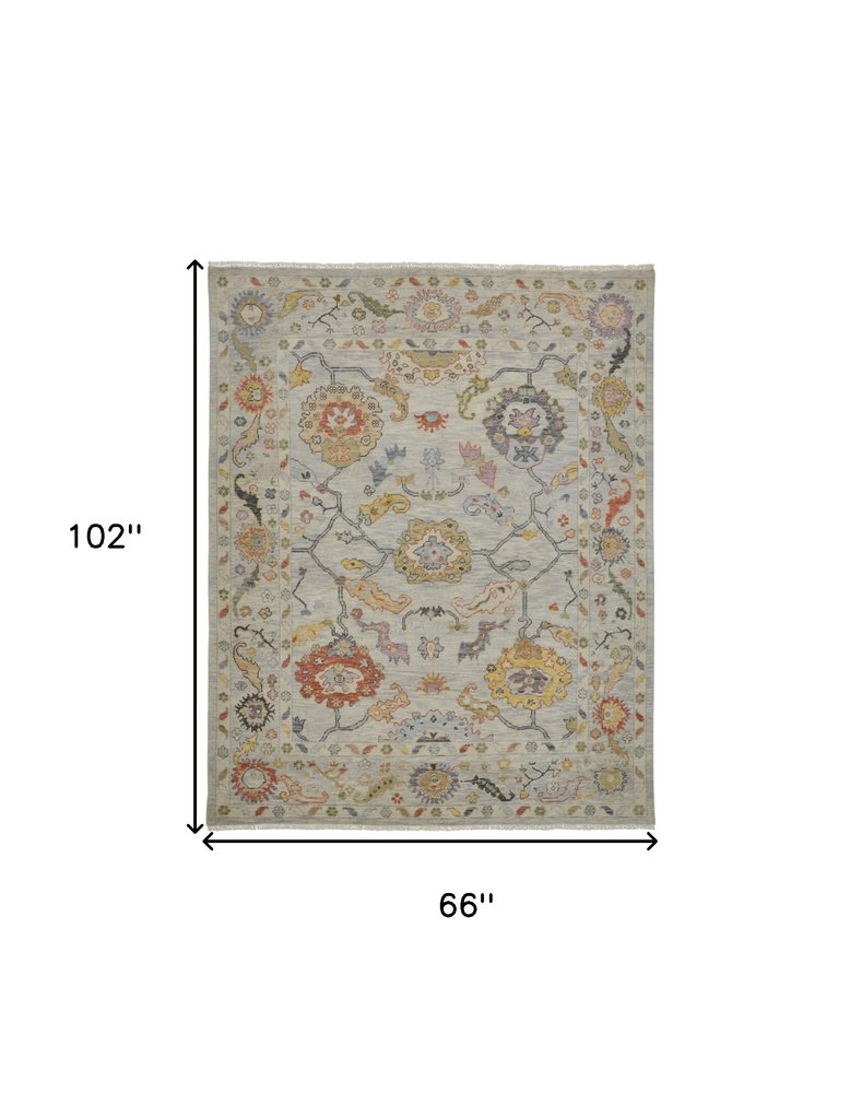 6' X 9' Gray Red and Yellow Wool Oriental Hand Knotted Area Rug With Fringe