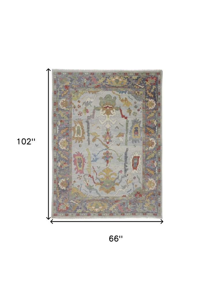 6' X 9' Gray Blue and Gold Wool Oriental Hand Knotted Area Rug With Fringe