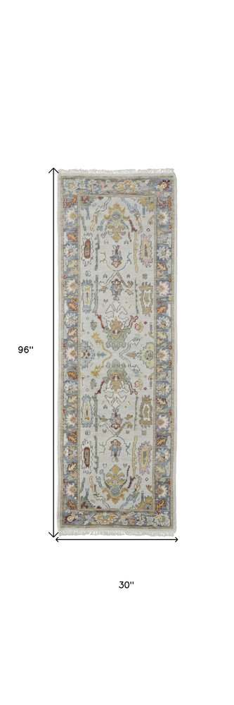 6' X 9' Gray Blue and Gold Wool Oriental Hand Knotted Area Rug With Fringe