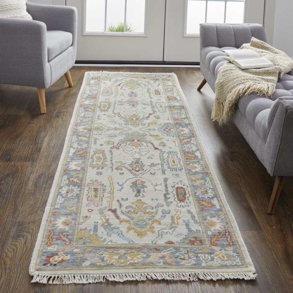 6' X 9' Gray Blue and Gold Wool Oriental Hand Knotted Area Rug With Fringe