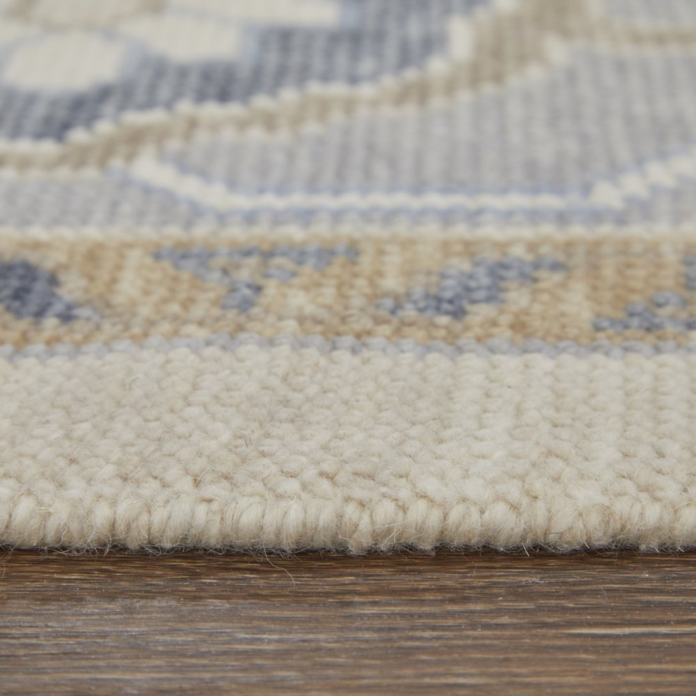 2' X 3' Gray Ivory and Blue Wool Floral Hand Knotted Area Rug With Fringe