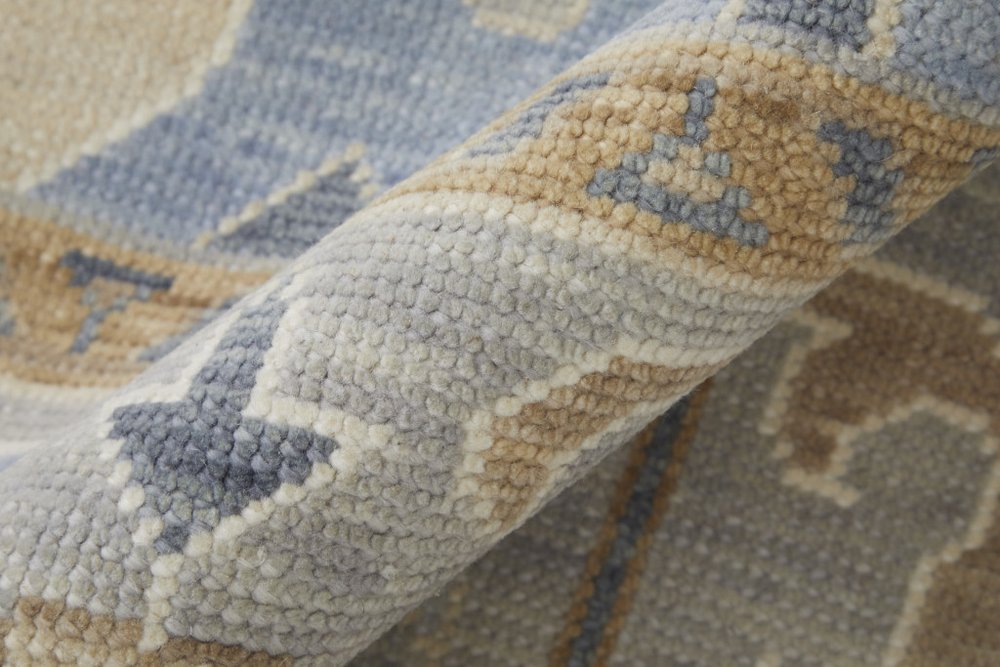 2' X 3' Gray Ivory and Blue Wool Floral Hand Knotted Area Rug With Fringe