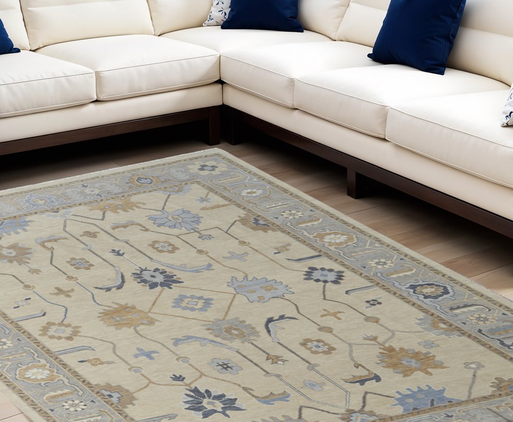 2' X 3' Gray Ivory and Blue Wool Floral Hand Knotted Area Rug With Fringe