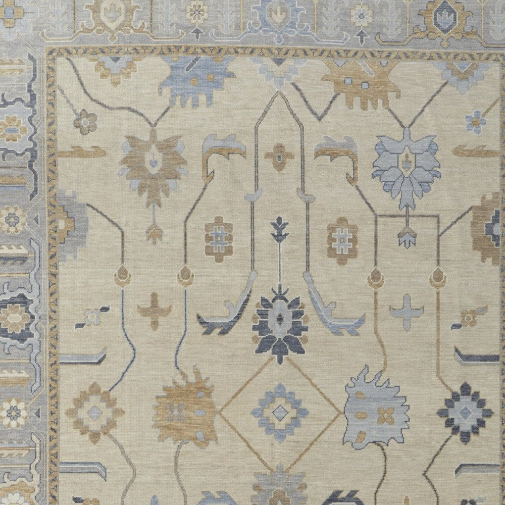 2' X 3' Gray Ivory and Blue Wool Floral Hand Knotted Area Rug With Fringe