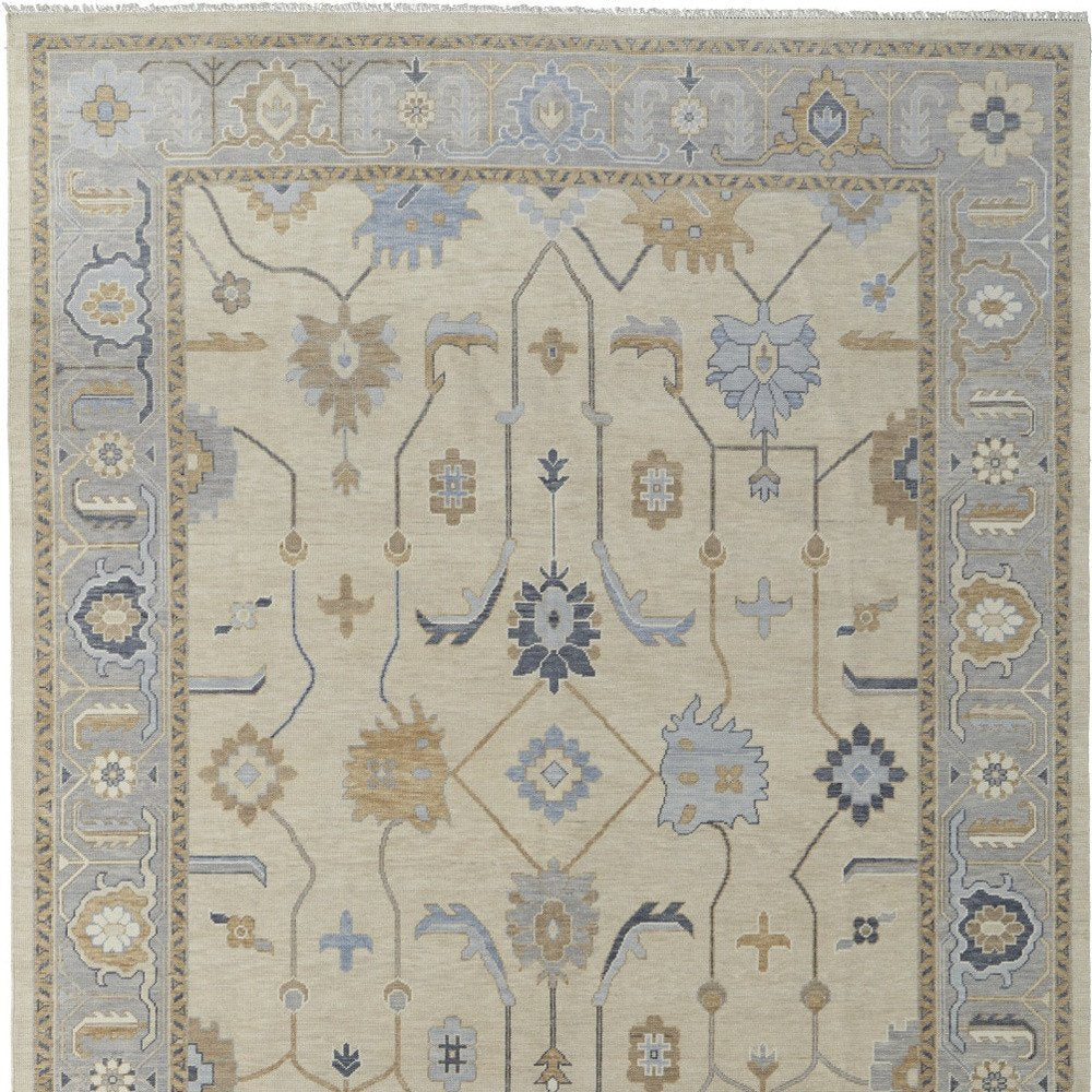 2' X 3' Gray Ivory and Blue Wool Floral Hand Knotted Area Rug With Fringe