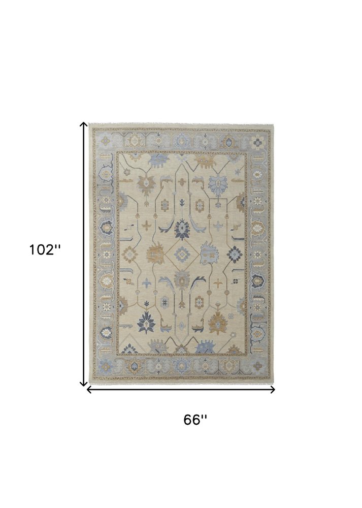 2' X 3' Gray Ivory and Blue Wool Floral Hand Knotted Area Rug With Fringe