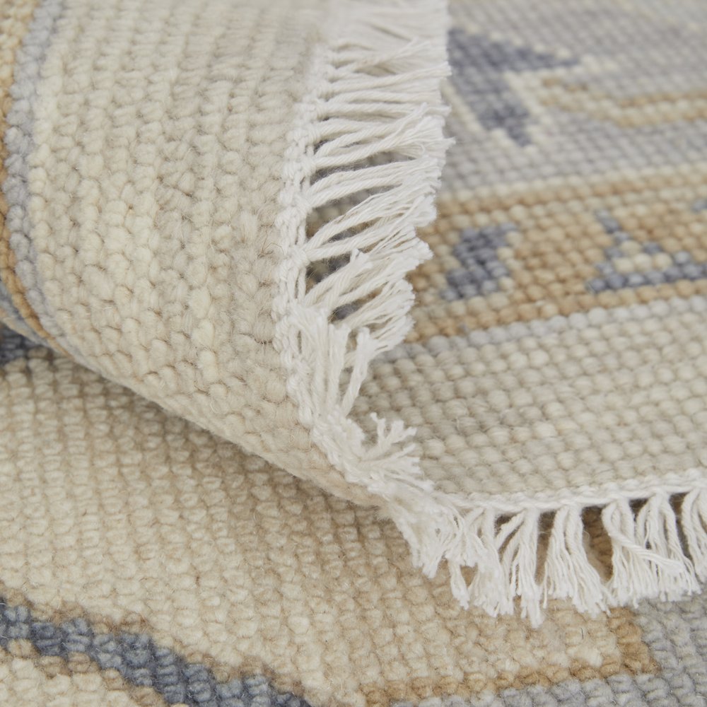 2' X 3' Gray Ivory and Blue Wool Floral Hand Knotted Area Rug With Fringe