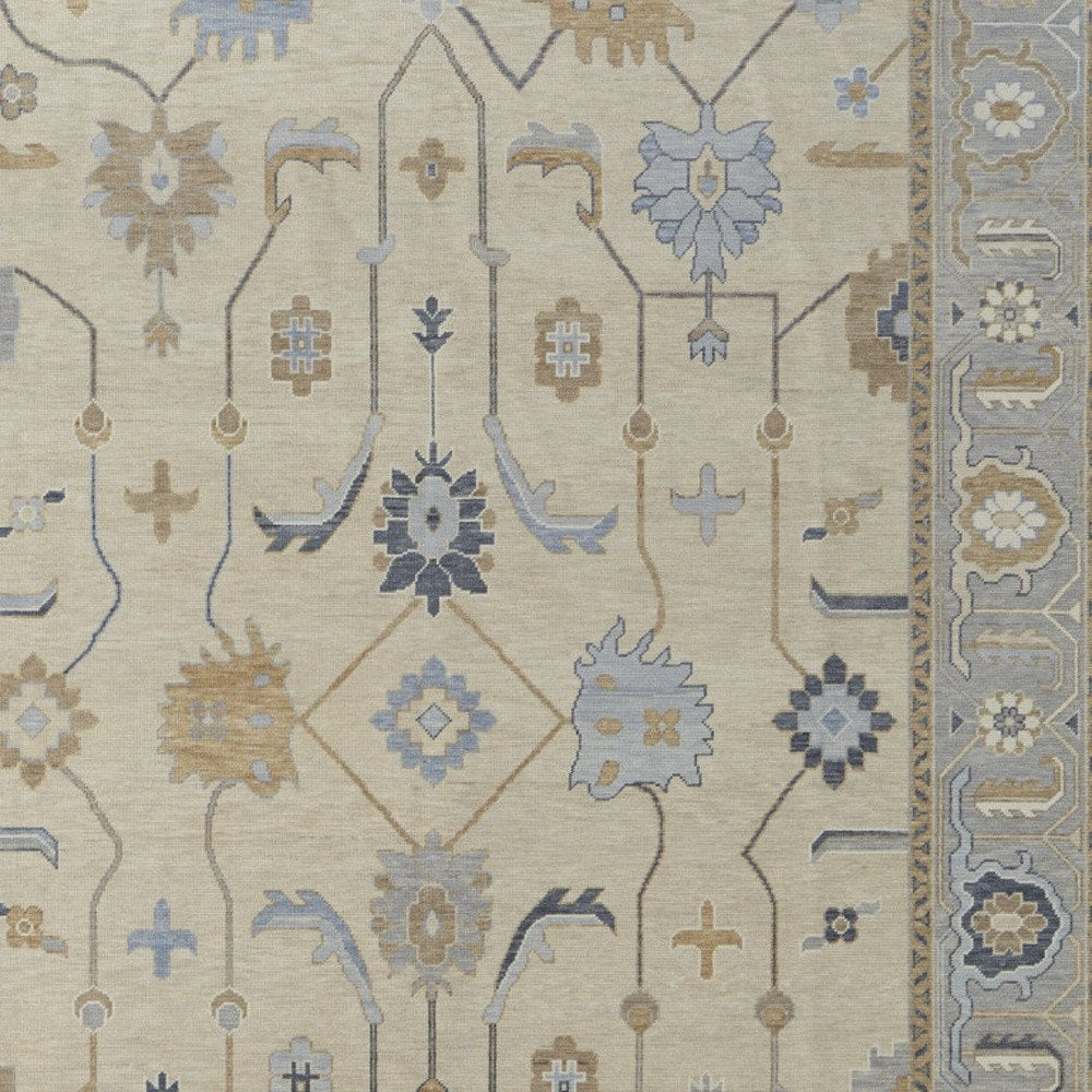 2' X 3' Gray Ivory and Blue Wool Floral Hand Knotted Area Rug With Fringe