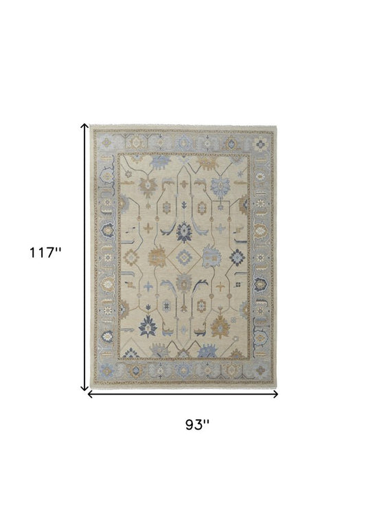 2' X 3' Gray Ivory and Blue Wool Floral Hand Knotted Area Rug With Fringe