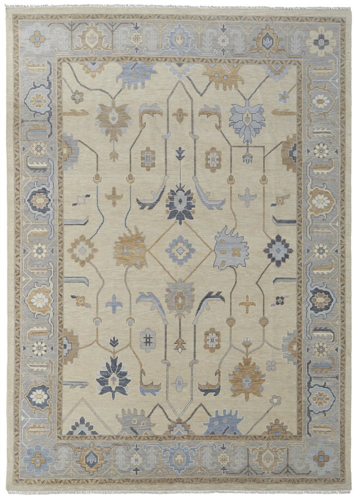 2' X 3' Gray Ivory and Blue Wool Floral Hand Knotted Area Rug With Fringe