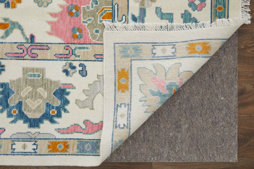 9' X 13' Blue Ivory and Pink Wool Floral Hand Knotted Area Rug With Fringe