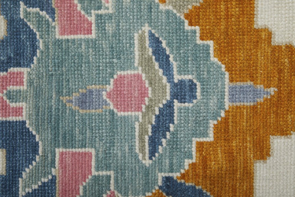 9' X 13' Blue Ivory and Pink Wool Floral Hand Knotted Area Rug With Fringe