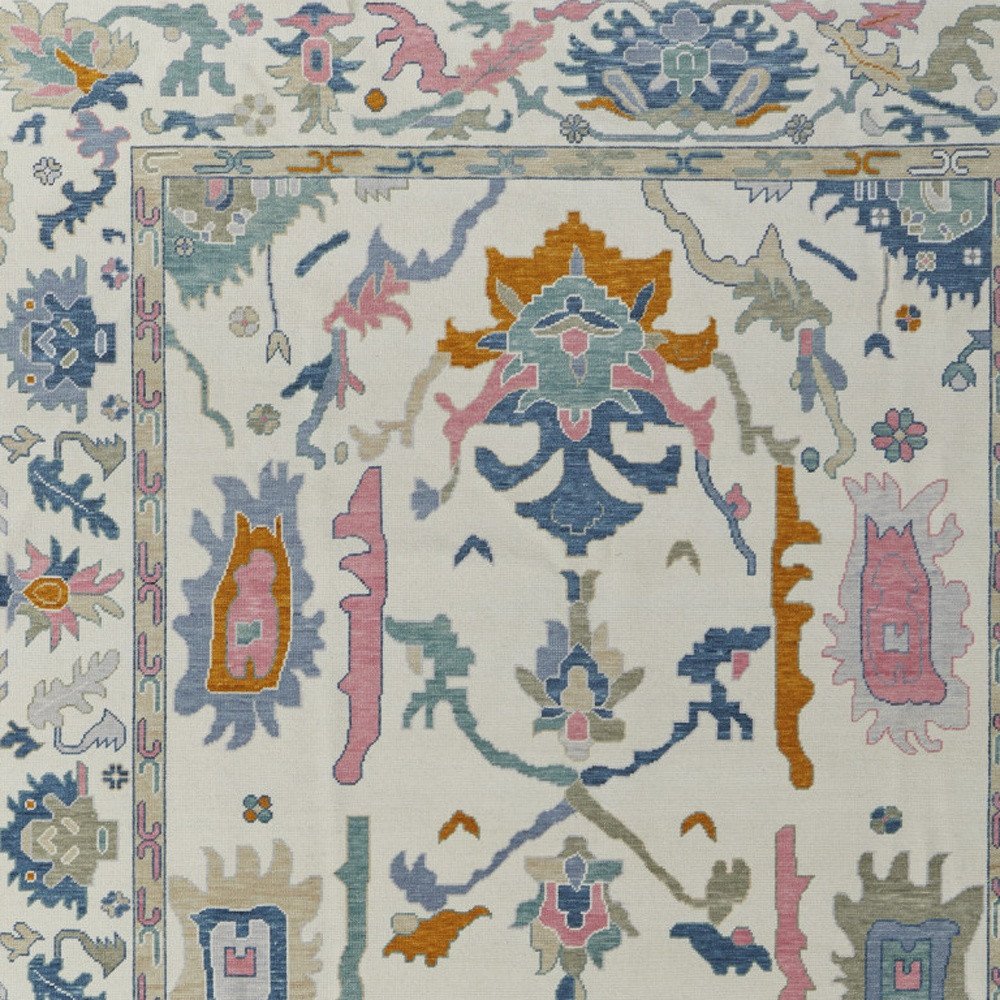 9' X 13' Blue Ivory and Pink Wool Floral Hand Knotted Area Rug With Fringe