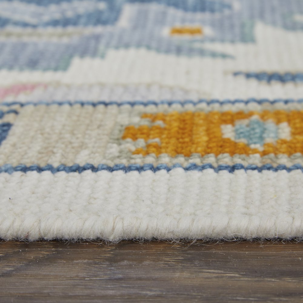 9' X 13' Blue Ivory and Pink Wool Floral Hand Knotted Area Rug With Fringe