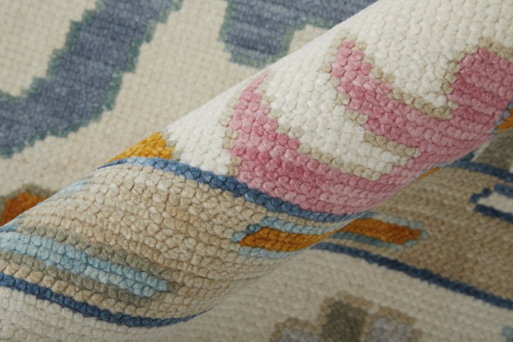 9' X 13' Blue Ivory and Pink Wool Floral Hand Knotted Area Rug With Fringe