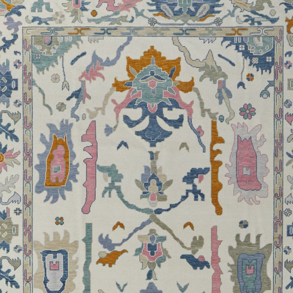 9' X 13' Blue Ivory and Pink Wool Floral Hand Knotted Area Rug With Fringe