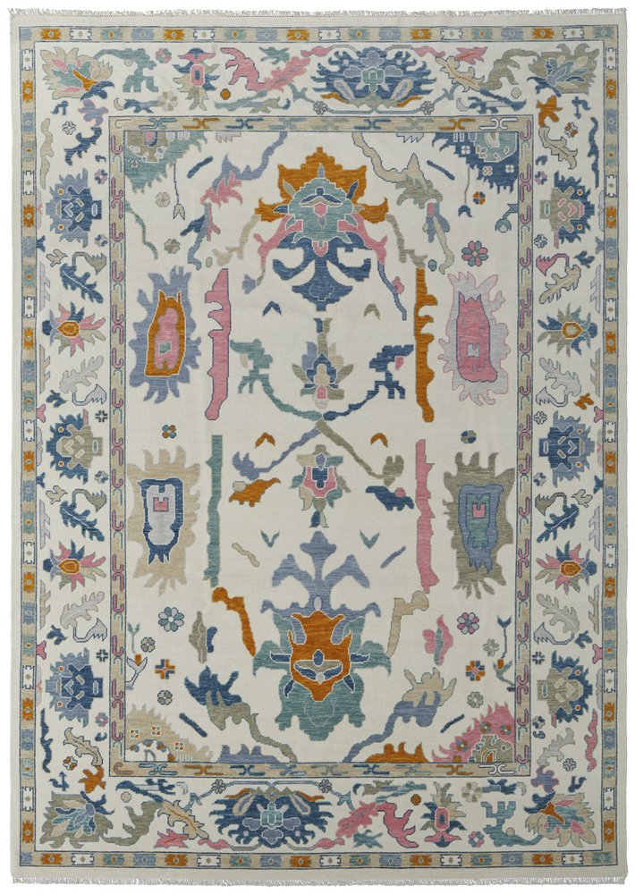 9' X 13' Blue Ivory and Pink Wool Floral Hand Knotted Area Rug With Fringe