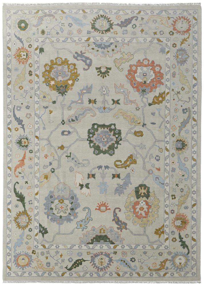 8' X 10' Gray Ivory and Gold Wool Floral Hand Knotted Area Rug With Fringe