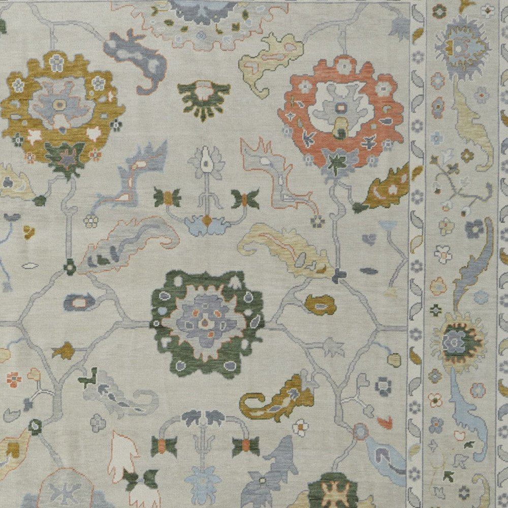 8' X 10' Gray Ivory and Gold Wool Floral Hand Knotted Area Rug With Fringe