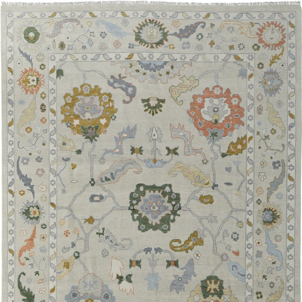 8' X 10' Gray Ivory and Gold Wool Floral Hand Knotted Area Rug With Fringe