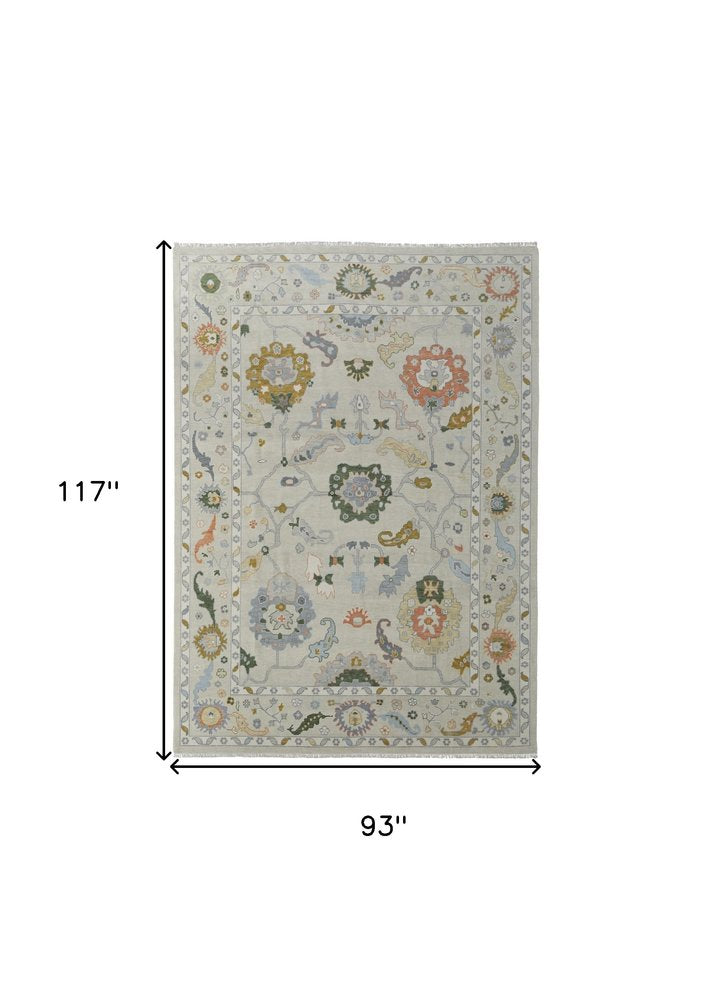 8' X 10' Gray Ivory and Gold Wool Floral Hand Knotted Area Rug With Fringe