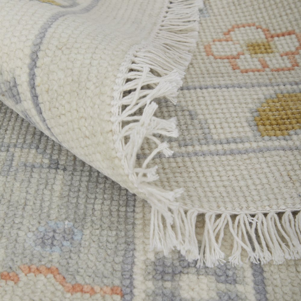 8' X 10' Gray Ivory and Gold Wool Floral Hand Knotted Area Rug With Fringe