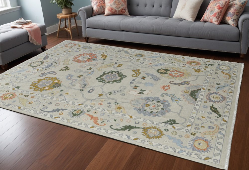 8' X 10' Gray Ivory and Gold Wool Floral Hand Knotted Area Rug With Fringe