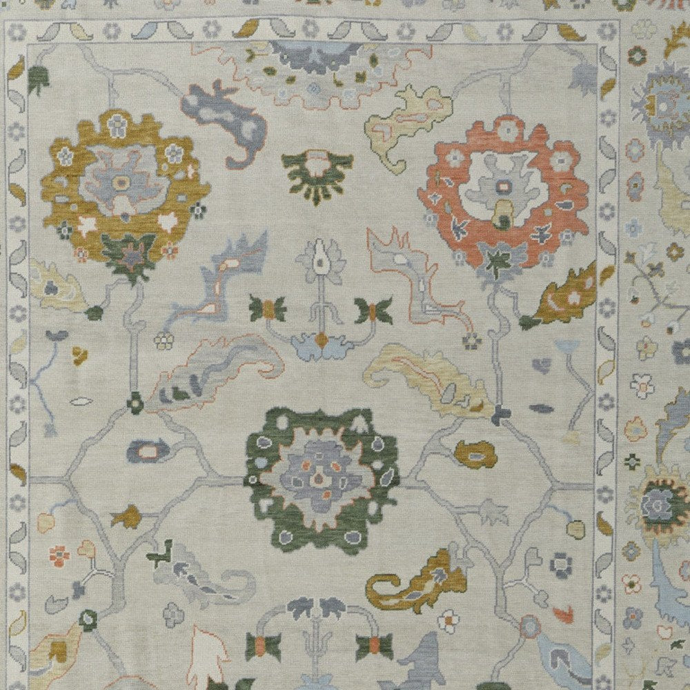 8' X 10' Gray Ivory and Gold Wool Floral Hand Knotted Area Rug With Fringe