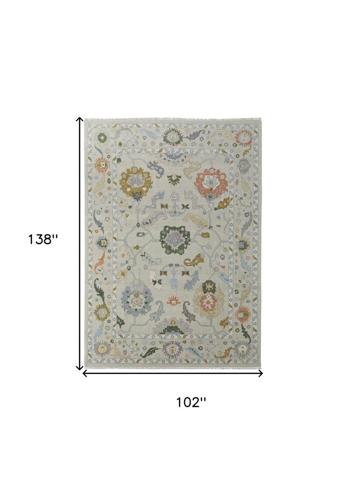 8' X 10' Gray Ivory and Gold Wool Floral Hand Knotted Area Rug With Fringe