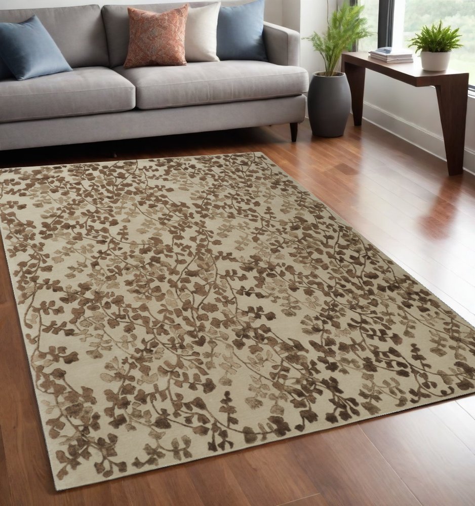 5' X 8' Taupe and Brown Floral Hand Tufted Area Rug