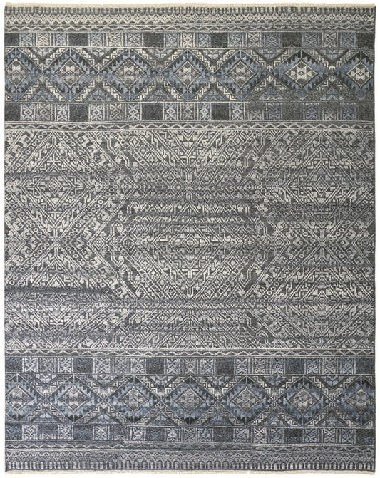 6' X 9' Gray And Ivory Geometric Hand Knotted Area Rug