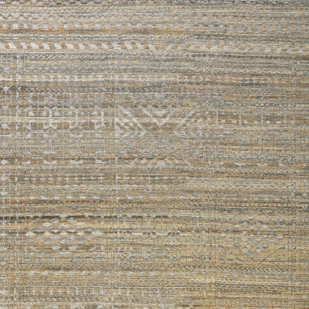 4' X 6' Gold and Tan Geometric Hand Knotted Worn Faded Area Rug