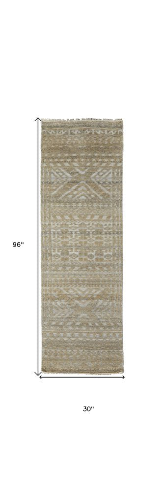 4' X 6' Gold and Tan Geometric Hand Knotted Worn Faded Area Rug