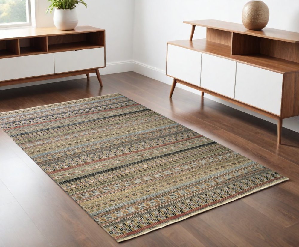 8' X 12' Tan Blue and Orange Striped Hand Knotted Area Rug