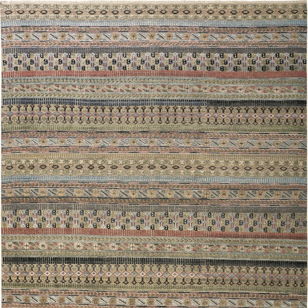 8' X 12' Tan Blue and Orange Striped Hand Knotted Area Rug