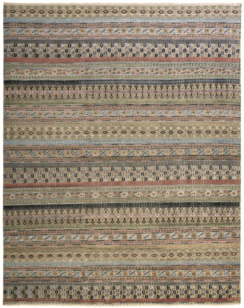 8' X 12' Tan Blue and Orange Striped Hand Knotted Area Rug