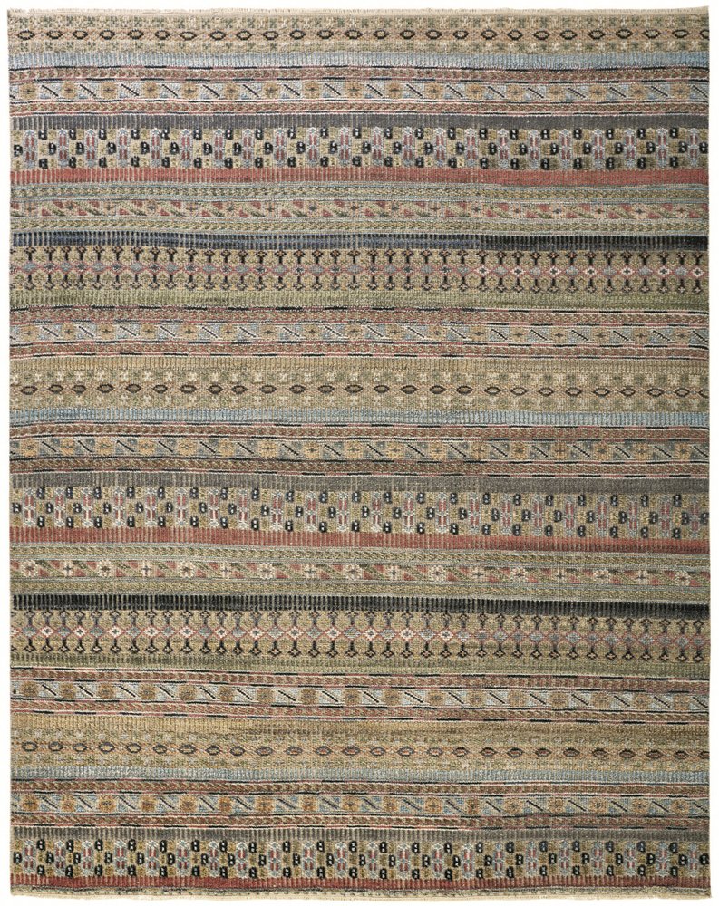 8' X 12' Tan Blue and Orange Striped Hand Knotted Area Rug